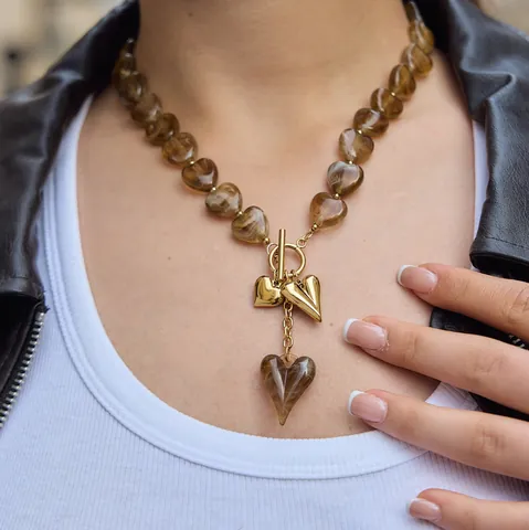 Collier avec Boucle OT en Acrylique Ambre en Acier Inoxydable pour Femmes Bijoux de Pendentif Coeur Plaqué Or de Luxe Léger