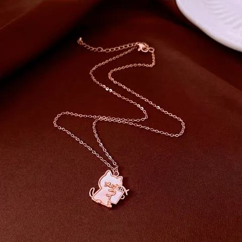 Rose Gold Plated Copper Shell Cat Pendant Necklace Cute Kitten With Fishbone Charm Clavicle Chain Fashion Daily Jewelry Women