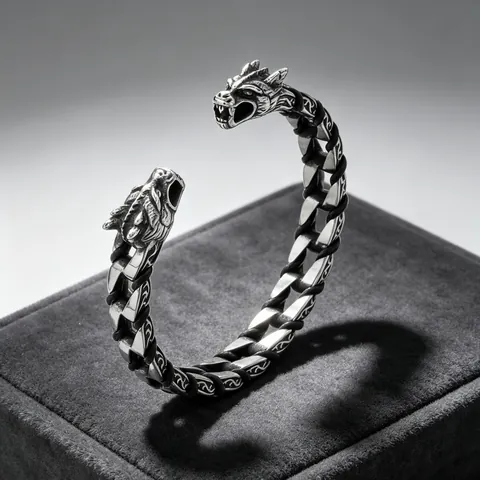 Vintage Punk Stainless Steel Braided Leather Bracelet Men Dragon Wolf Skull Open Adjustable Cuff Bangle Gothic Jewelry
