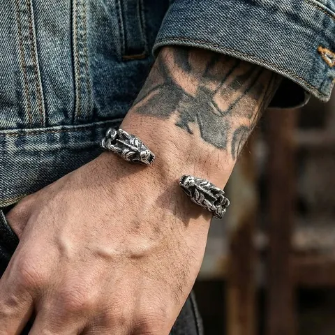 Vintage Punk Stainless Steel Braided Leather Bracelet Men Dragon Wolf Skull Open Adjustable Cuff Bangle Gothic Jewelry