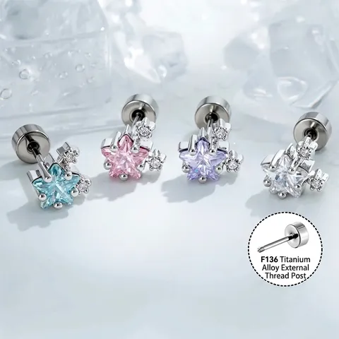 Titanium Alloy Zirconia Star Cartilage Piercing Stud Earring Colorful Sparkly Star Ear Bone Nail For Ear Care Sensitive Ears Jewelry