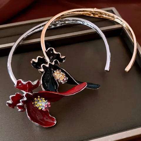 Französische Vintage Emaille Blume Choker Halskette Für Damen Strass Besetzt Gold Silber Plattiert Legierung Kragen Schmuck