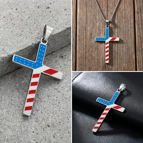 Hip Hop Stainless Steel American Flag Cross Pendant For Men Vacuum Plated Enamel Religious Jewelry Gift Accessory No Chain