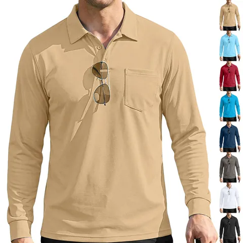 Polo Da Uomo A Maniche Lunghe Maglia Traspirante Poliestere Tattico Sport All'aperto Top Casual Con Tasca