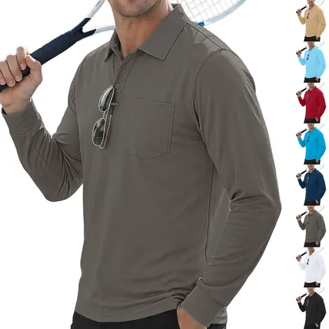 Mens Long Sleeve Polo Shirt Tactical Outdoor Quick Dry Breathable Bird Eye Mesh Solid Color Lapel Top With Pocket