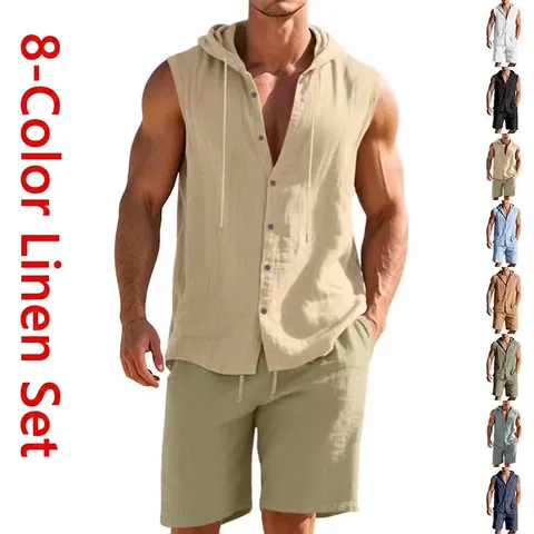Homme Été Mélange De Lin Chemise Sans Manches À Capuche Et Short Décontracté Plage Vacances Respirant Boutonné Cordon Tenue