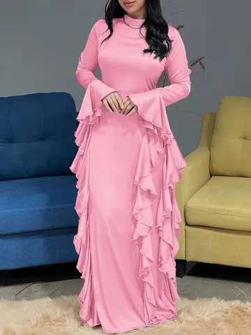 Elegantes Langarm Maxi Kleid Hoher Kragen Rüschen Volant Einfarbig Polyester A-Linie Casual Party