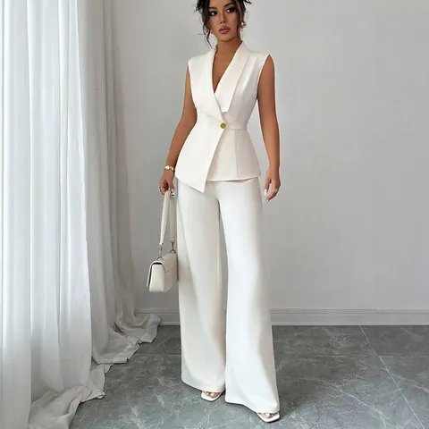 Femme Élégant Gilet Sans Manches Et Pantalon Jambe Large Couleur Unie Navette Bureau Costumes Professionnels Tenue Haut Sans Manches