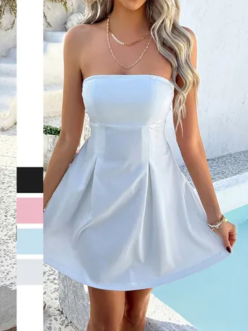 Women Strapless Mini Dress Polyester Backless Large Bow Pleated A-Line Party Vacation Sexy Elegant Evening Wear