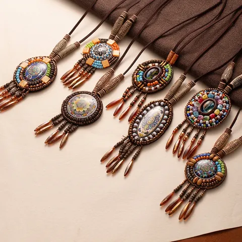 Collier Pendentif Ethnique Bohème Long Rétro Gland Perle De Bois Céramique Alliage Chaîne Pull Bijoux Pour Femmes