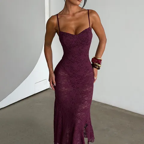 Elegant Lace Maxi Dress Sweetheart Neckline Spaghetti Strap Backless Slim Fit Asymmetric Hem Formal Party For Women