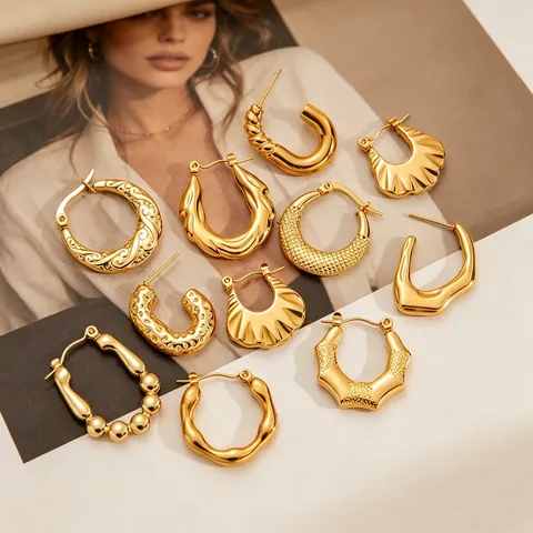Vintage Stainless Steel Earrings For Women Gold Plated Geometric Heart Butterfly Flower Textured Stud Hoop Jewelry