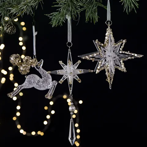 Christmas Tree Hanging Ornaments Acrylic Transparent Crystal Gold Sequins Pendant Decorations Holiday Party Festive Snowflake Star
