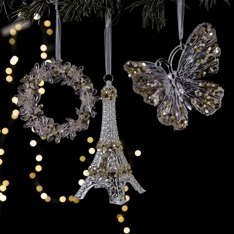 Christmas Tree Hanging Ornaments Acrylic Transparent Crystal Gold Sequins Pendant Decorations Holiday Party Festive Snowflake Star