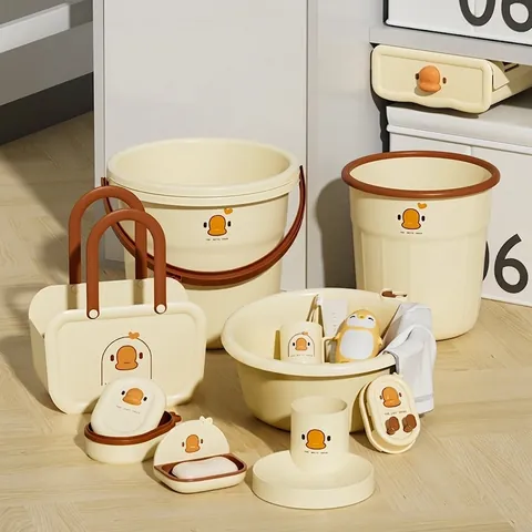 Cartoon Ente Kunststoff Badezimmer Zubehör Waschbecken Mundspülbecher Seifenschale Duschkorb Eimer Wohnheim Bedarf Süß