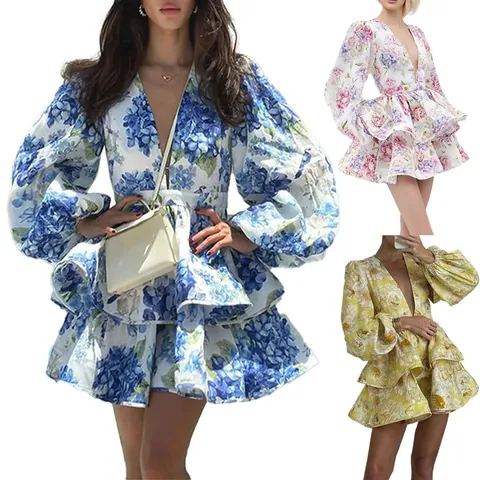Damen Elegant Blumenmuster Tiefer V-Ausschnitt Laternenärmel Mini Kleid Französisch Vintage Rüschensaum Hohe Taille Urlaub Party Kleid