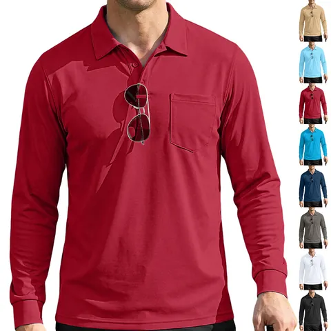 Men Long Sleeve Polo Shirt Breathable Birdseye Mesh Tactical Outdoor Loose Fit With Chest Pocket Casual Lightweight Top