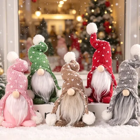 Gnomo Natalizio di Peluche in Maglia Con Motivo a Cuore Tomte Rudolf Senza Volto Seduto Ornamento per Casa Festa di Natale