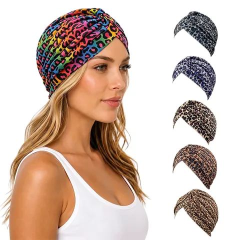 Women Leopard Print Turban Hat Pleated Twisted Knot Polyester Headwrap African India Style Fashion Headwear For Ladies