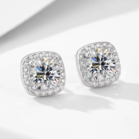 925 Sterling Silver Square Halo Stud Earrings For Women Elegant Geometric Rhinestone Inlaid Jewelry In Gold Silver Finish