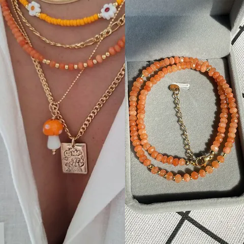 Halskette Mit Facettierten Natursteinperlen 18K Vergoldeter Titanstahl Choker Boho Schmuck Für Damen