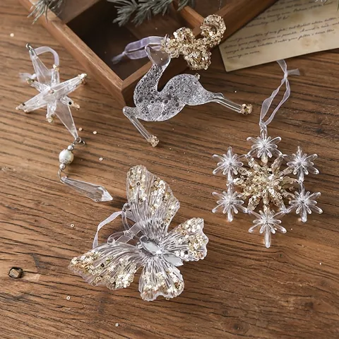 Christmas Tree Hanging Ornaments Clear Acrylic Gold Glitter Snowflake Reindeer Angel Tower Candy Wedding Holiday Decor