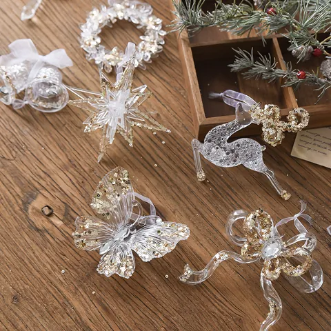 Christmas Tree Hanging Ornaments Clear Acrylic Gold Glitter Snowflake Reindeer Angel Tower Candy Wedding Holiday Decor