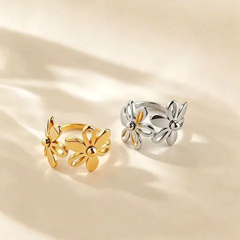 Dual Flower Adjustable Ring Titanium Steel Minimalist Floral Finger Jewelry For Women Gold Silver Tone
