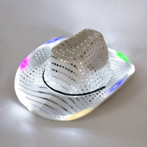 LED Light Up Sequin Cowboy Hat For Women Men Sparkly Neon Western Hat For Carnival Performance Night Club Festival Music Party Accessories
