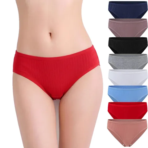 Women Cotton Ribbed Panties Breathable Mid Rise Tummy Control Solid Color Briefs Soft Knit Lingerie