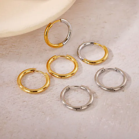 Minimalist Round Hoop Earrings Two-Tone Gold Silver Plated Titanium Steel Hypoallergenic Geometric Ear Buckles For Women
