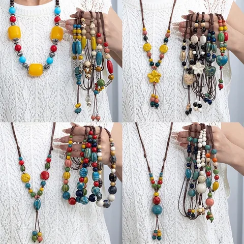 Handmade Ceramic Bead Long Necklace Ethnic Bohemian Style Adjustable Woven Rope Sweater Chain For Women Alloy Accents Retro Jewelry
