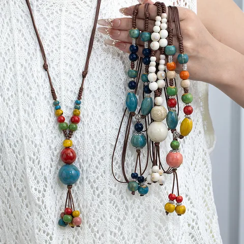 Handmade Ceramic Bead Long Necklace Ethnic Bohemian Style Adjustable Woven Rope Sweater Chain For Women Alloy Accents Retro Jewelry