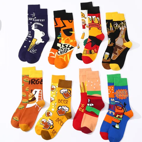Novelty Food Print Mid-Calf Socks Polyester Breathable Burger Beer Pattern Crew Socks Streetwear Funny Socks For Men Women