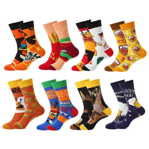 Novelty Food Print Mid-Calf Socks Polyester Breathable Burger Beer Pattern Crew Socks Streetwear Funny Socks For Men Women