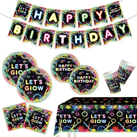 Neon Glow Party Zubehör Happy Birthday Banner Teller Servietten Becher Tischdecke Spritzer Disco Party Dekorationen