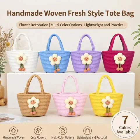 Handmade Cotton Rope Woven Handbag Tulip Floral Mini Crochet Tote Bag For Women Kids Casual Daily Shopping Basket Bag