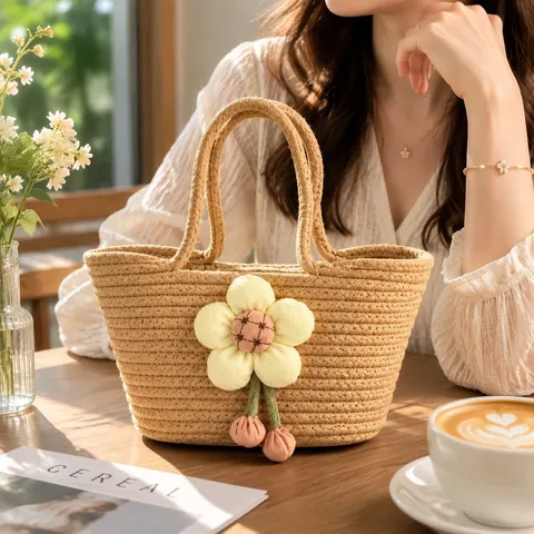 Handmade Cotton Rope Woven Handbag Tulip Floral Mini Crochet Tote Bag For Women Kids Casual Daily Shopping Basket Bag