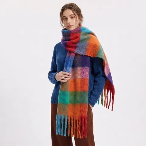 Écharpe À Carreaux Femme Imitation Mohair Écharpe Chaude Épaisse Avec Franges Doux Cache-Cou Hiver Mode Élégant