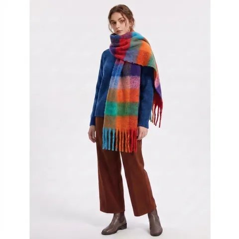 Écharpe À Carreaux Femme Imitation Mohair Écharpe Chaude Épaisse Avec Franges Doux Cache-Cou Hiver Mode Élégant