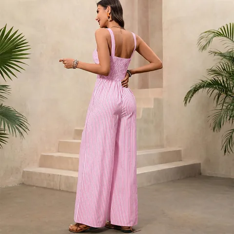 Tuta Intera Donna Estiva a Righe con Intaglio Senza Maniche Torsione Frontale Gamba Larga Casual in Misto Cotone per Vacanza