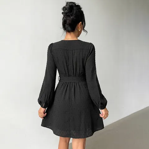 Women Elegant Black Swiss Dot Long Sleeve V Neck Wrap Mini Dress Sexy Tie Waist Ruffle Lantern Sleeve Party Dress