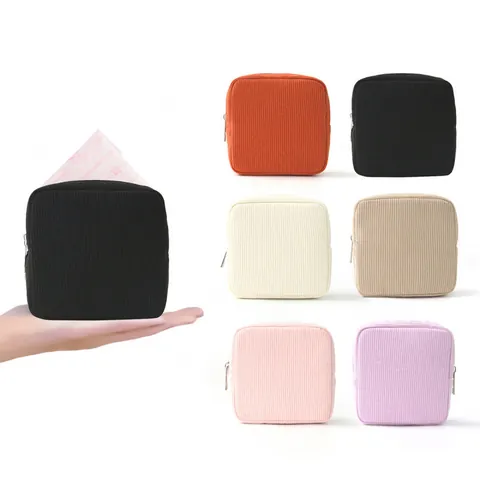Corduroy Small Storage Bag Portable Square Makeup Pouch For Sanitary Napkins Solid Color Zipper Organizer Bag Women