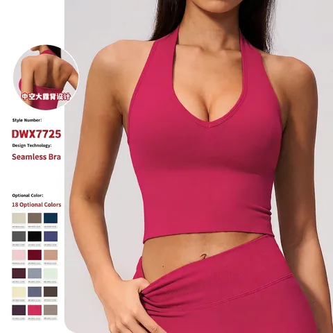 Halter Neck Sports Bra Seamless Ribbed Yoga Top V-Neck Shockproof Breathable Padded Fitness Activewear Women