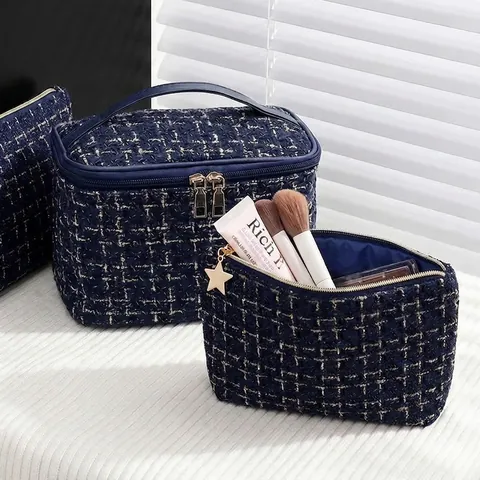Elegant Tweed Makeup Bag Navy Blue With Gold Star Zipper Pull Portable Travel Cosmetic Storage Organizer For Women