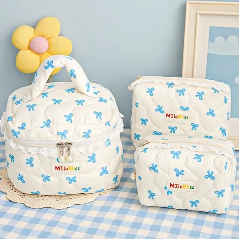 Quilted Makeup Bag With Bow Print Lace Trim Artificial Pearl Zipper Portable Cosmetic Toiletry Storage Organizer Pouch For Women