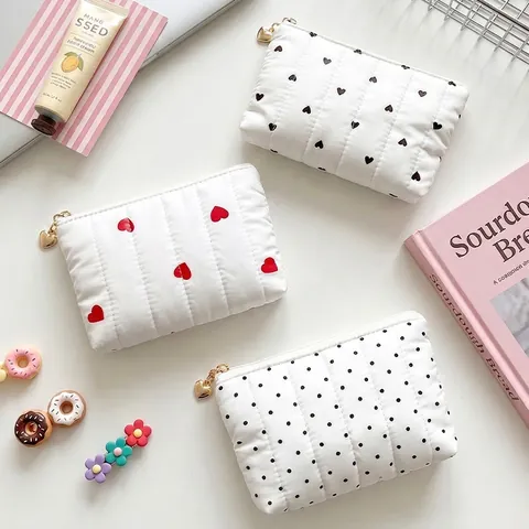 Mini Neceser Acolchado Para Mujer Estampado Corazón Lunares Poliéster Bolsa Pequeña Con Cremallera Para Llaves Labial