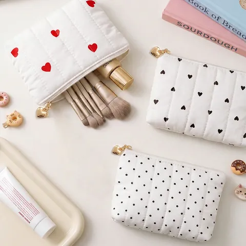 Mini Neceser Acolchado Para Mujer Estampado Corazón Lunares Poliéster Bolsa Pequeña Con Cremallera Para Llaves Labial
