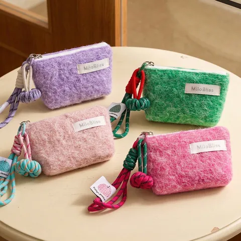 Mini Plush Coin Purse Portable Small Storage Pouch With Lanyard Zipper Close Soft Dopamine Color For Women