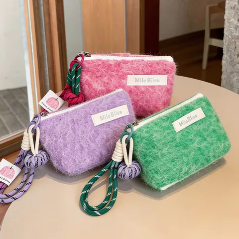 Mini Plush Coin Purse Portable Small Storage Pouch With Lanyard Zipper Close Soft Dopamine Color For Women